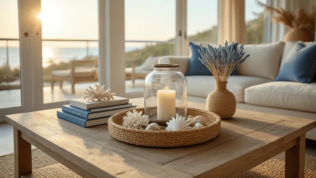 Photorealistic interior shot of a sunlit coastal living room featuring a weathered teak coffee table styled with natural elements, including a hand-blown glass hurricane lantern and maritime objects like white coral, blue-spine books, and seashells, complemented by an ivory linen sofa and jute rug in a soft color palette.