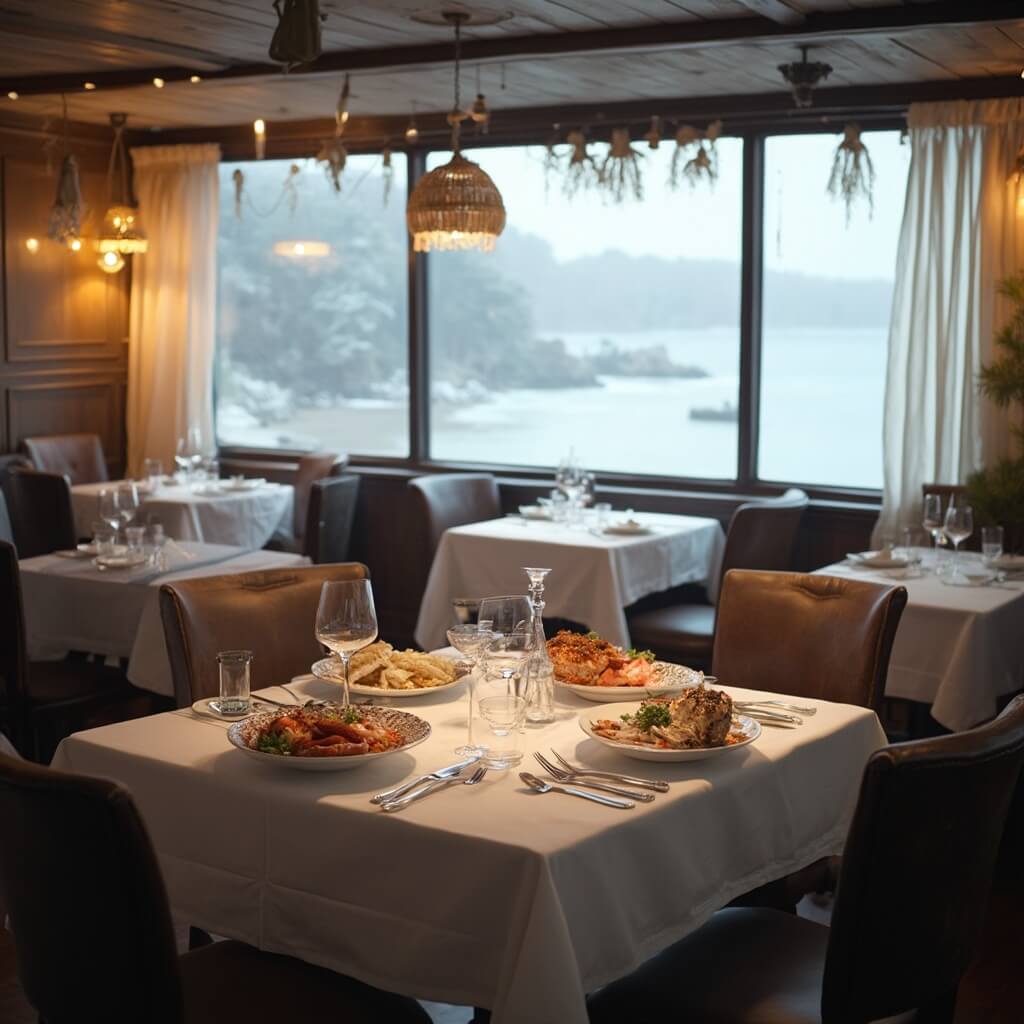 Interior of a cozy seafood restaurant with warm lighting, empty tables with white tablecloths, large windows overlooking a misty winter beach, and table settings with fresh local seafood under the soft winter light