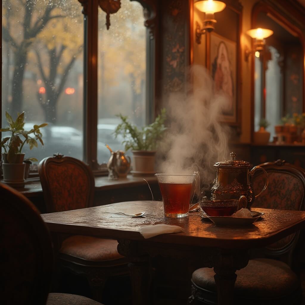 St. Petersburg in October: Your Ultimate Gloomy, Gorgeous Russian Adventure Guide Interior view of a traditional Russian café with steamy tea glasses, ornate wooden tables, soft amber lighting, vintage decorations, rain-streaked windows revealing a blurry autumn streetscape, all in rich earth tones and empty of people.