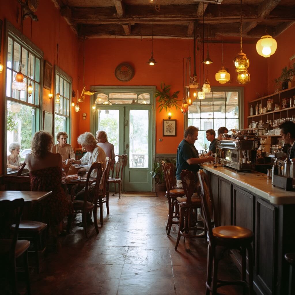 Cuban-style cafe interior with terracotta walls, vintage wooden chairs, local patrons chatting, and a detailed counter with traditional coffee-making equipment in Key West neighborhood