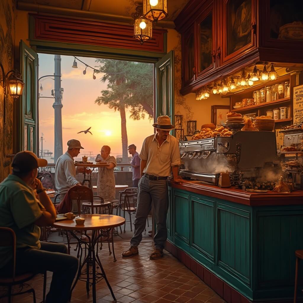 Golden sunset over a colorful Cuban ventanita with steam rising from espresso machines, local patrons at small tables, wooden counter, traditional tiles, and glass cases of pastries