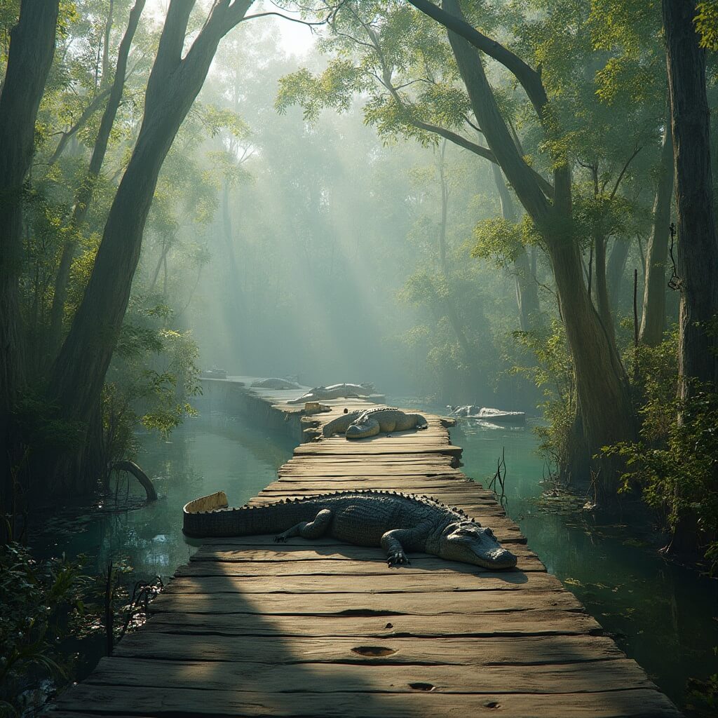 Elevated wooden boardwalk weaving through Florida's Six Mile Cypress Slough Preserve with alligators sunbathing on logs, misty atmosphere, and water reflecting dense subtropical vegetation