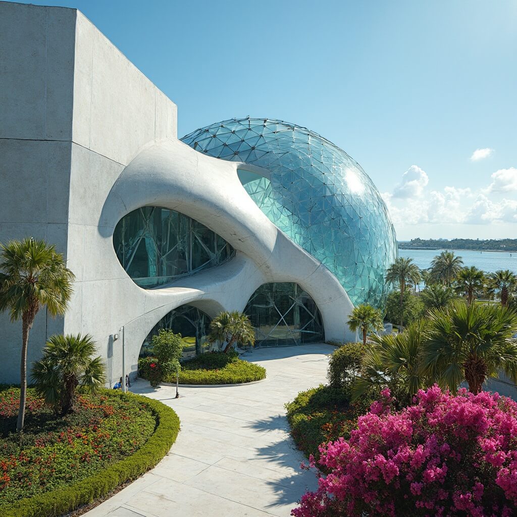 Sunlit Salvador Dali Museum exterior with triangular glass panels, set against tropical landscaping and Tampa Bay backdrop.