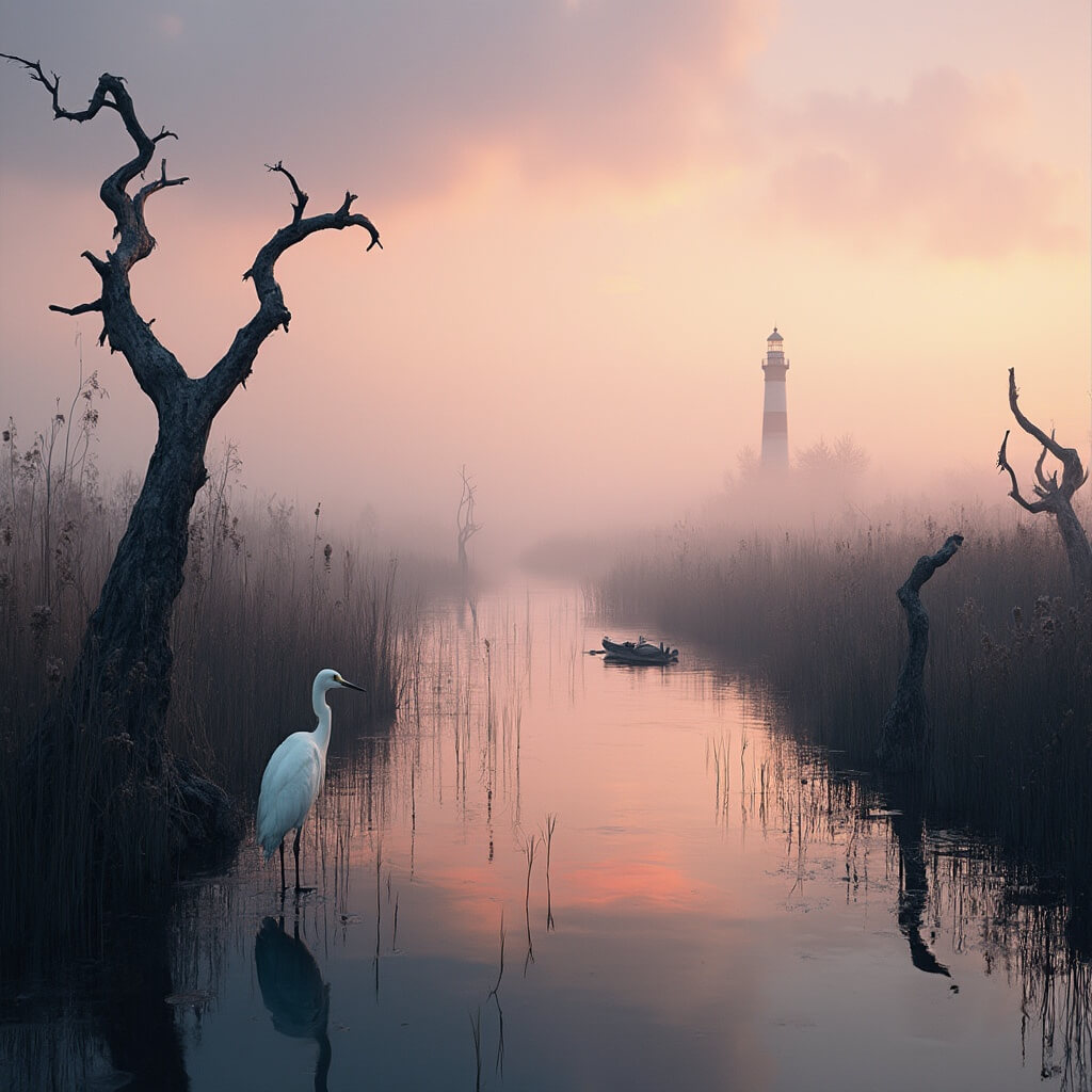 Dawn over a coastal marsh with silhouetted egret, mangrove trees, sea grasses, a distant lighthouse, and a kayak navigating the water channels in morning mist