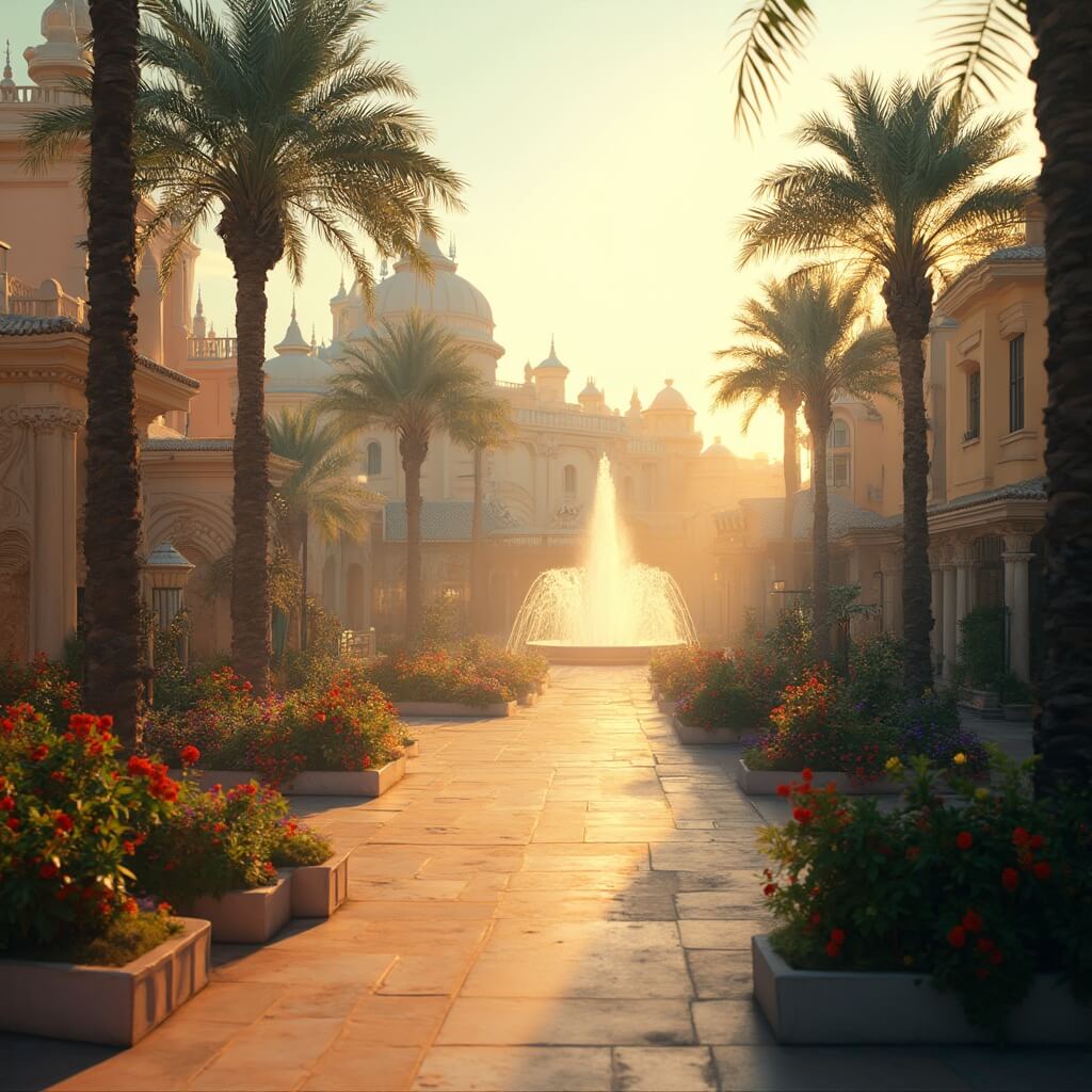 Early dawn at an empty outdoor theme park with golden light casting shadows on walkways, pastel buildings and blooming flower gardens, decorative fountains creating a misty aura, and swaying palm trees, in 4K quality.