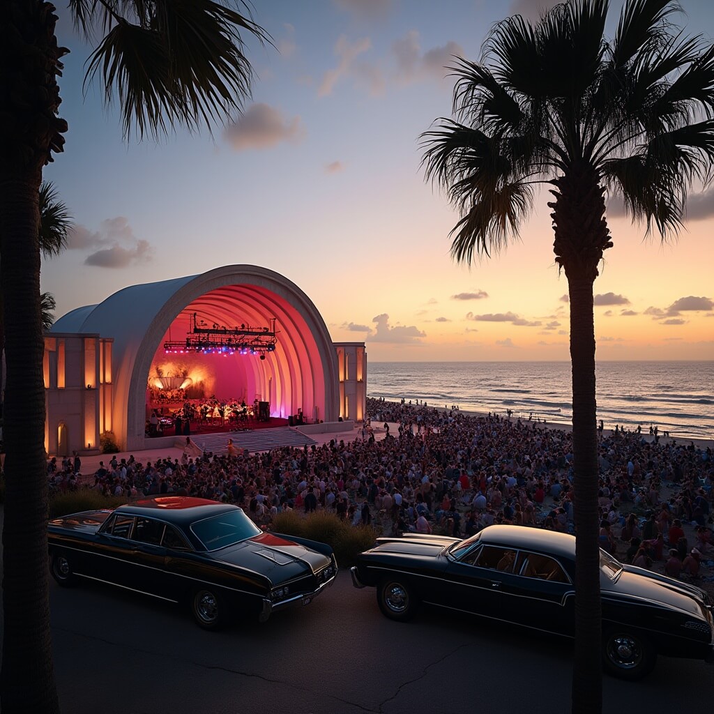 Evening concert at illuminated Daytona Beach Bandshell with diverse crowd, Atlantic Ocean backdrop, sunset, palm tree silhouettes, and classic cars in the foreground.