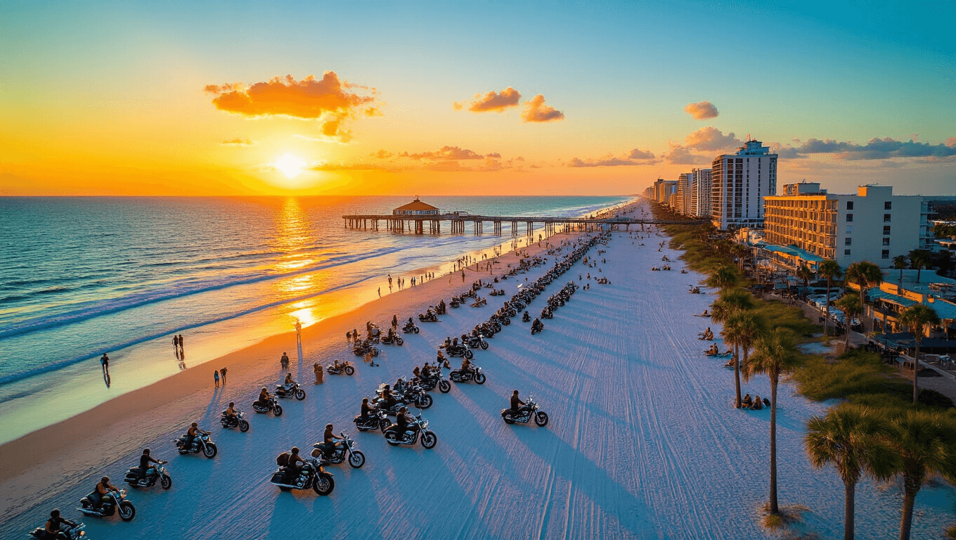 "Aerial view of Daytona Beach at sunset during March, with motorcycles along the sand, spring break crowds on shore, the Daytona Beach Pier extending into the sea, Daytona International Speedway in the background, and beachfront hotels illuminating their neon signs."