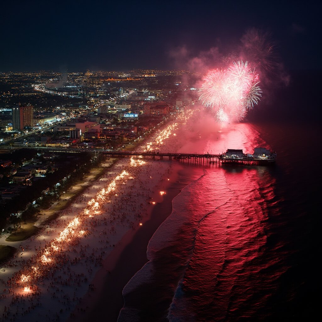 Aerial view of Daytona Beach's Fourth of July celebration with fireworks lighting up the beach, reflection on the ocean and crowds by the illuminated pier and cityscape
