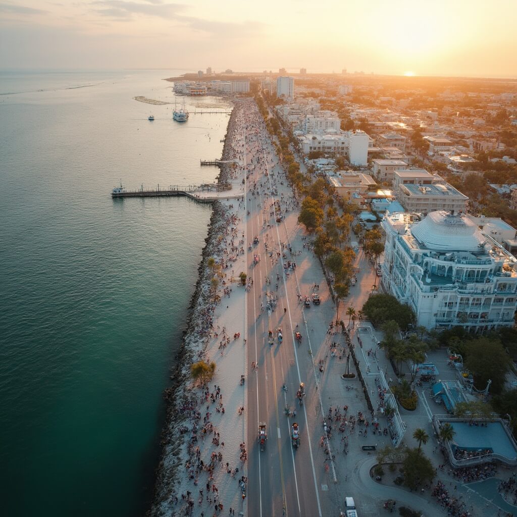 Aerial view of Daytona Beach riverfront esplanade at golden hour, showcasing waterfront architecture, tourists, and urban design