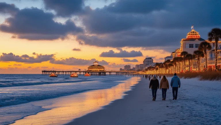 "Daytona Beach at dusk in December, with Christmas lights on beachfront buildings and palm trees, beachgoers on shoreline, holiday decorated boats and Daytona Beach Pier in the background"