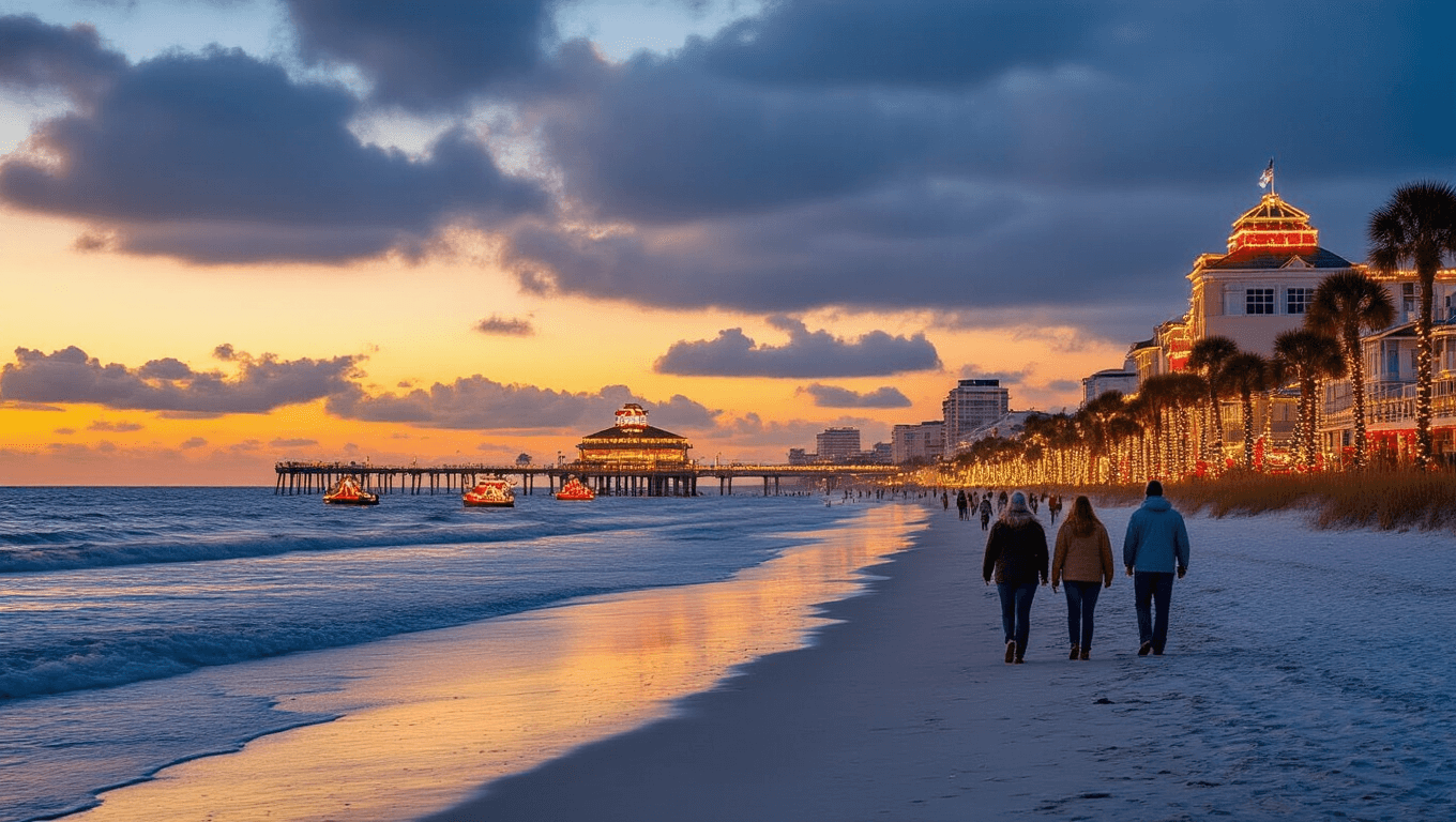 "Daytona Beach at dusk in December, with Christmas lights on beachfront buildings and palm trees, beachgoers on shoreline, holiday decorated boats and Daytona Beach Pier in the background"