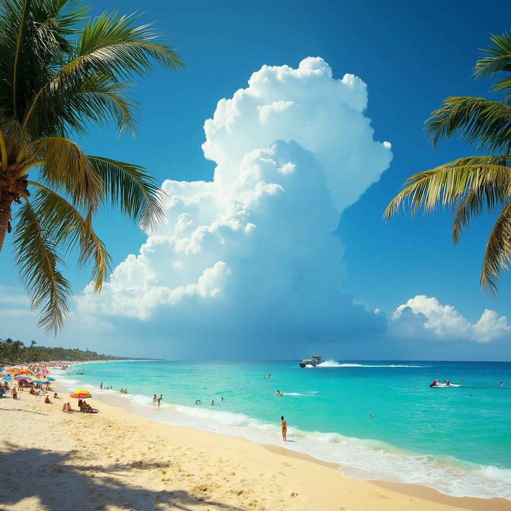Beachgoers enjoying a sunny day at Daytona Beach with jet skis on turquoise waters, colorful umbrellas on golden sand, swaying palm trees in foreground and looming thunderstorm clouds in the distance.