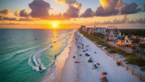 "Aerial view of Daytona Beach boardwalk and golden sands during a June sunset with beachgoers, surfers, jet skiers, and fishers, under looming cumulus clouds indicating an upcoming thunderstorm."
