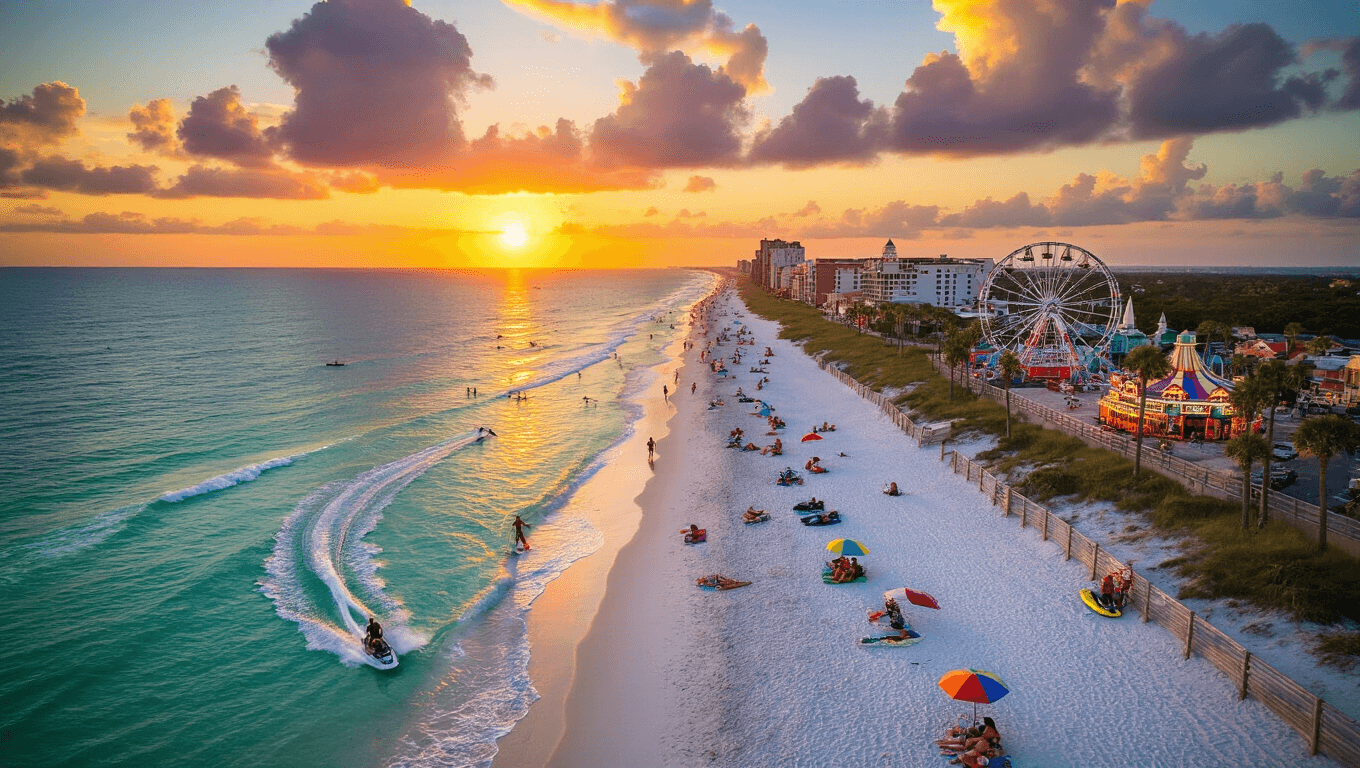 "Aerial view of Daytona Beach boardwalk and golden sands during a June sunset with beachgoers, surfers, jet skiers, and fishers, under looming cumulus clouds indicating an upcoming thunderstorm."
