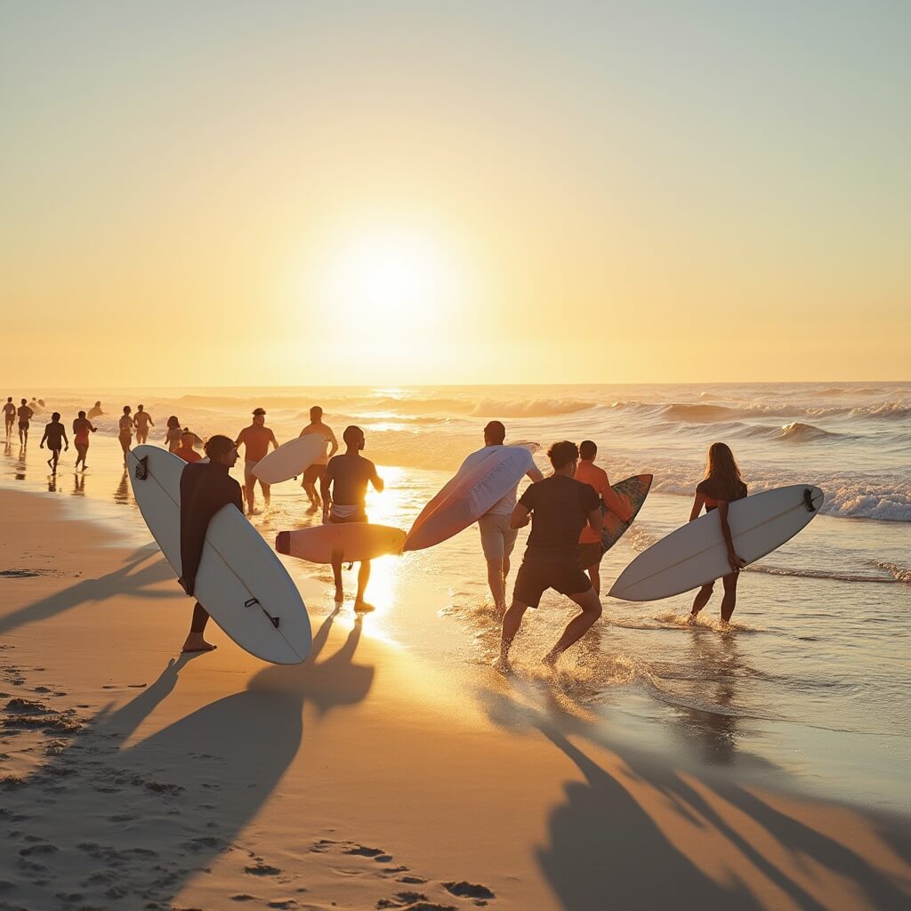 Fitness enthusiasts and professional surfers preparing for the day at sunrise on Daytona Beach, with blue waves, soft sand, and long shadows created by the golden morning light