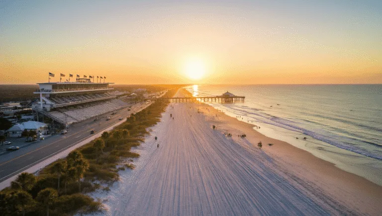 "Aerial sunrise view of Daytona Beach with tire tracks on hard-packed sand, distant view of Daytona International Speedway, beachgoers and cyclists on the shoreline, dolphins in the water, Daytona Beach Pier and boardwalk, swaying palm trees, racing flags, and clear skies with wispy clouds."