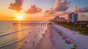 "Aerial view of Daytona Beach at sunset featuring colorful umbrellas, palm trees, beachgoers enjoying water activities, the extended Daytona Beach Pier, the city skyline and a colorful sky with orange and pink hues."