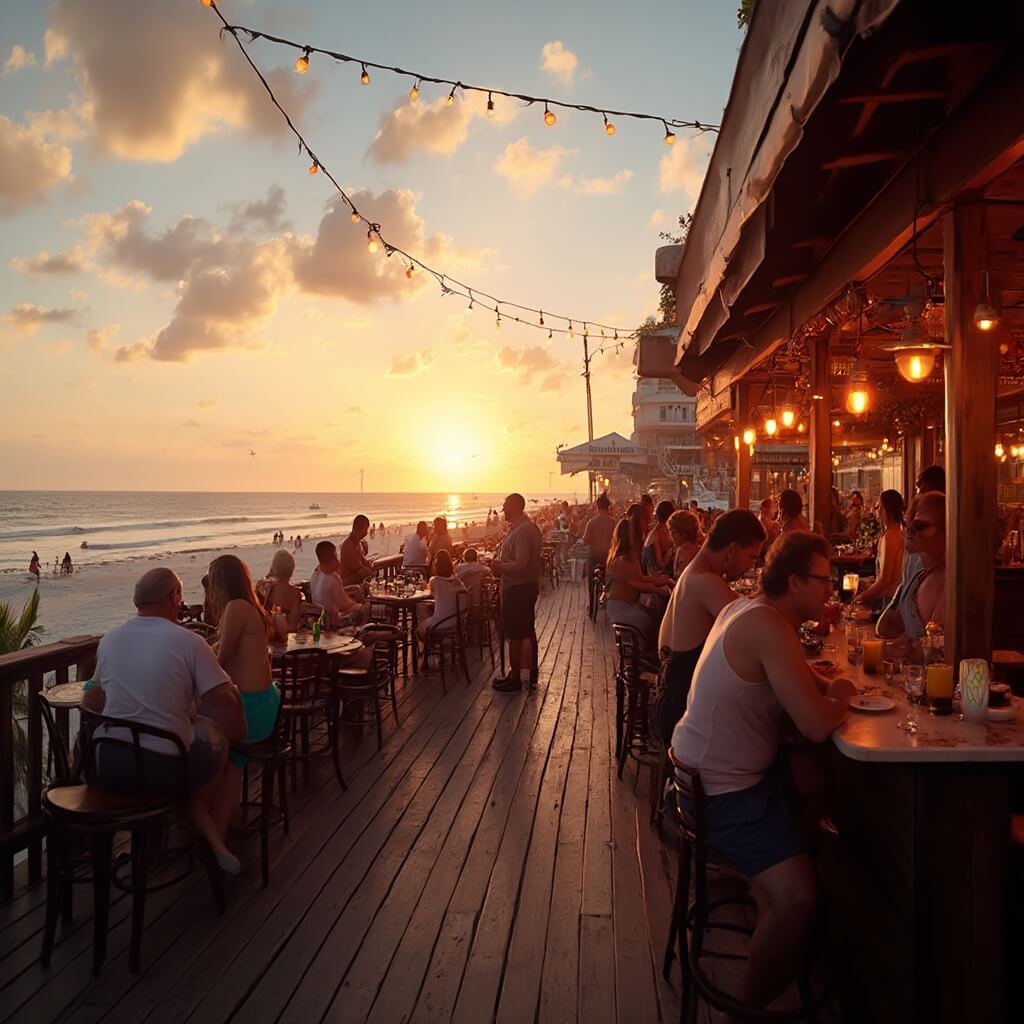 Panoramic view of a cozy oceanfront bar in Daytona Beach at sunset, featuring a wooden deck, craft cocktails, and a distant ocean view in a relaxed Florida coastal atmosphere