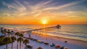 "Panoramic view of Daytona Beach at sunset in November, featuring an almost vacant shoreline, swaying palm trees, Daytona Beach Pier, classic cars from Turkey Run, scattered beach walkers and horseback riders, and a temperature sign reading 75°F on a beachfront hotel, with fall festival banners along the boardwalk."