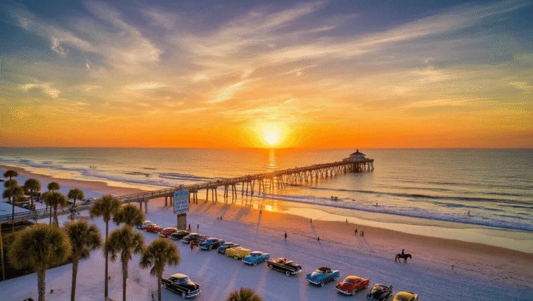 "Panoramic view of Daytona Beach at sunset in November, featuring an almost vacant shoreline, swaying palm trees, Daytona Beach Pier, classic cars from Turkey Run, scattered beach walkers and horseback riders, and a temperature sign reading 75°F on a beachfront hotel, with fall festival banners along the boardwalk."