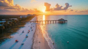 "Aerial drone shot of Daytona Beach at sunset in September, featuring sparse beachgoers, swaying palm trees, the Daytona Beach Pier, distant boats, and dramatic clouds."