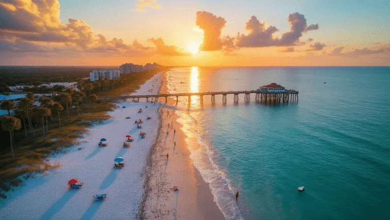 "Aerial drone shot of Daytona Beach at sunset in September, featuring sparse beachgoers, swaying palm trees, the Daytona Beach Pier, distant boats, and dramatic clouds."