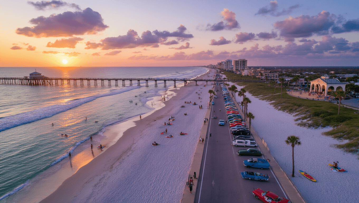 "Aerial view of Daytona Beach at sunset in spring, featuring gentle waves, golden sand, lined up classic cars, beach activities, the Bandshell concert, and a vibrant sky."