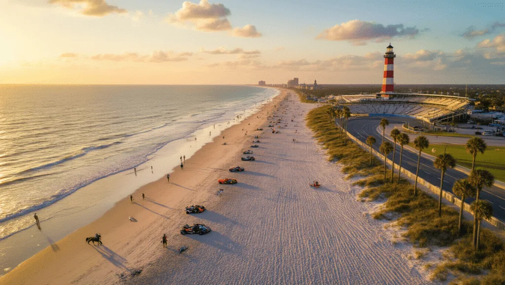 "Aerial drone view of Daytona Beach in January at golden hour featuring scattered beachgoers, surfers, hard-packed sand, the Daytona International Speedway, swaying palm trees, beach-riding horses and the Ponce de Leon Lighthouse in the distance, under clear blue skies."