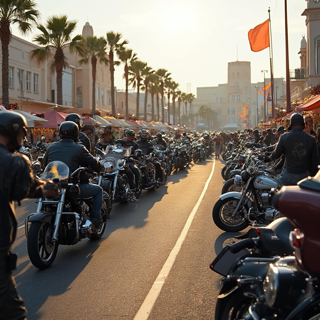 Biketoberfest event in Daytona Beach showing motorcycles lined up, riders in leather jackets, vendor stalls selling gear, palm trees, art deco-style buildings, and afternoon light creating a warm glow on the scene.