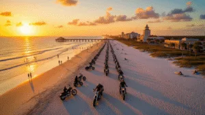 "Aerial view of Daytona Beach at sunset during Biketoberfest, with motorcycles lined up on the beach, small crowds on the sand, palm trees, and the historical pier in the background, captured on a Canon EOS R5"