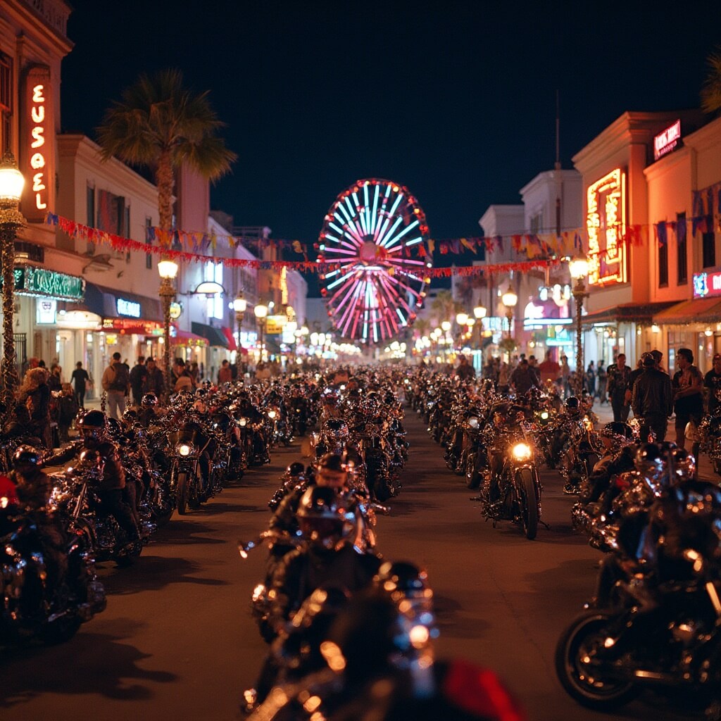 Why Daytona Beach in March is Your Ultimate Travel Hack Gleaming motorcycles on a crowded Main Street during Daytona Bike Week, with neon lights reflecting on chrome parts, bikers in leather on sidewalks, colorful flags hanging overhead, and the illuminated Daytona Beach Pier in the background.