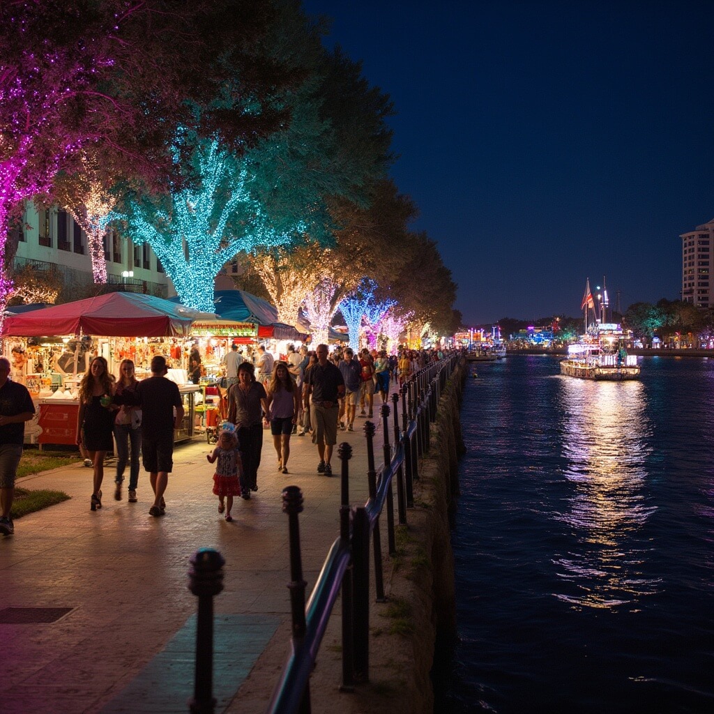 Festive Christmas lights illuminating Riverfront Esplanade in Daytona Beach with families and couples strolling, decorated boat in Christmas Parade floating in distance, and holiday market stalls along the walkway.