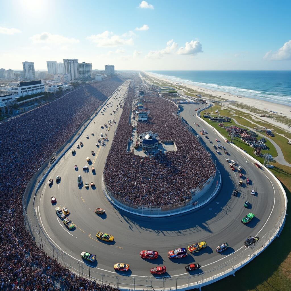 Aerial view of Daytona International Speedway during a NASCAR event, featuring speeding colorful race cars, packed grandstands, Daytona Beach skyline in the background, and shadows cast by the Florida sun.