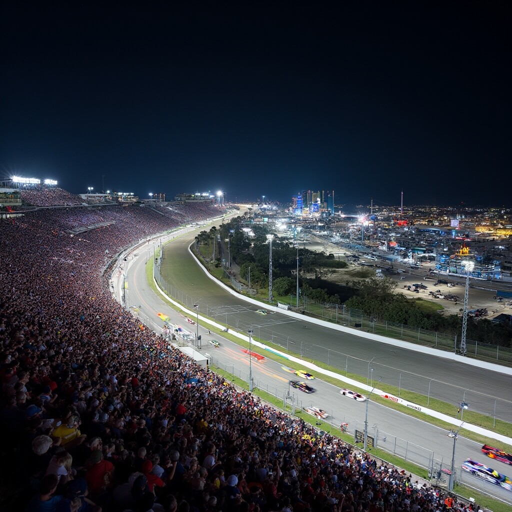 Aerial view of the Daytona International Speedway at night during the Rolex 24 race, with brightly lit track, colorful speed cars leaving light trails, full grandstands, and Daytona Beach skyline in the distance.