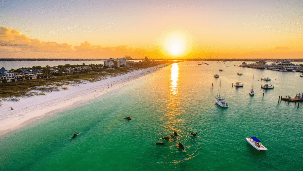 "Dramatic drone shot of Destin's coastline at sunset, showcasing emerald-green waters, pristine sandy beaches, Henderson Beach State Park's boardwalk, parasailers, dolphins, fishing boats, and HarborWalk Village with beachside activities and water sports."