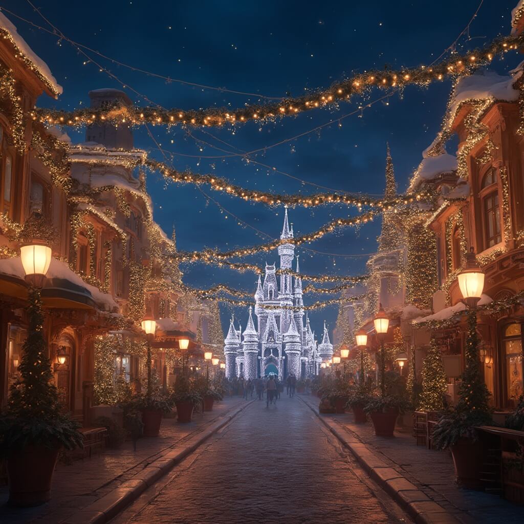Festive night scene at a Disney theme park with elaborate Christmas decorations, twinkling lights, Victorian-style lamp posts, and snow-like elements, creating a magical and warm ambiance in a hyper-detailed cinematic rendering.