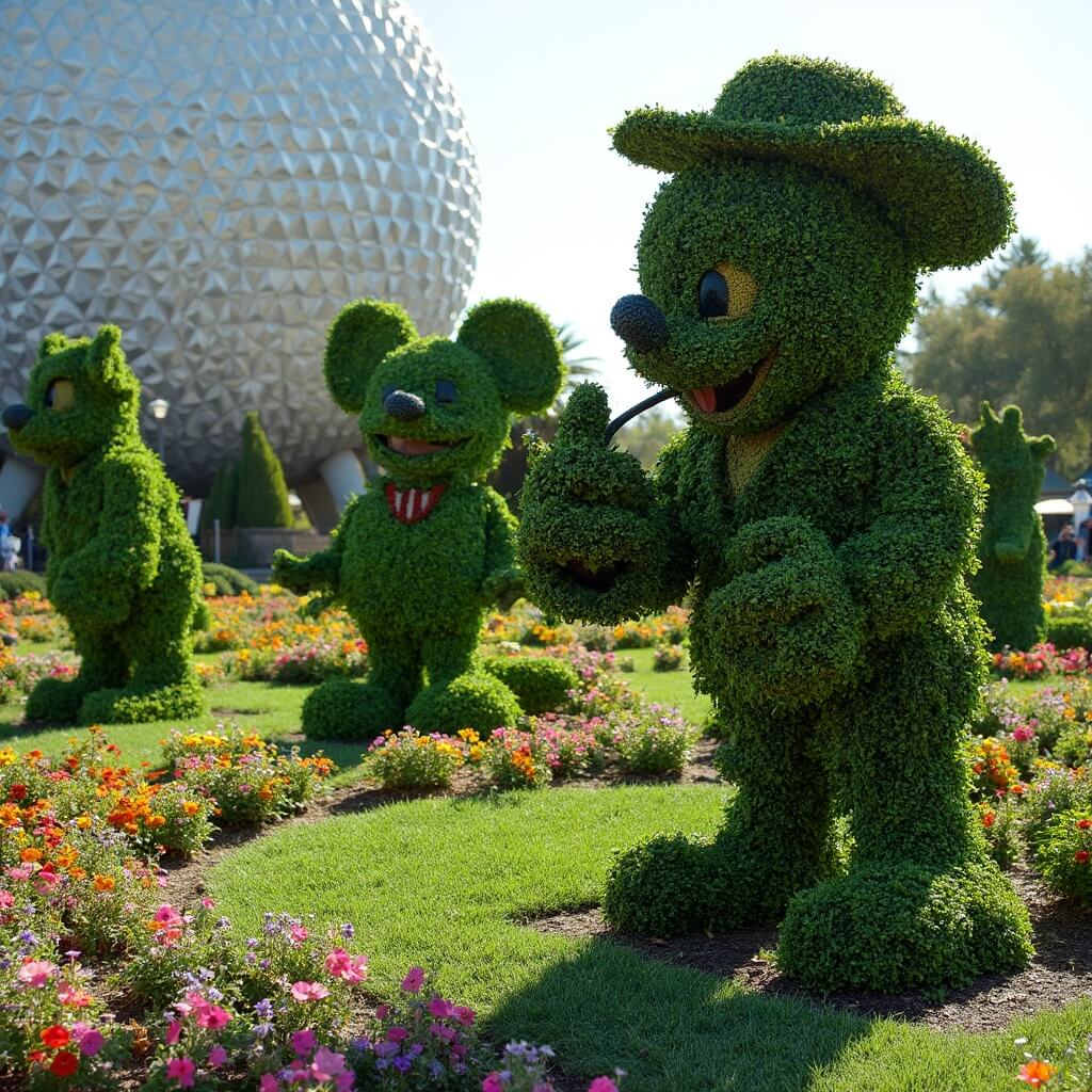 Disney character topiaries and colorful flower beds at Epcot International Flower & Garden Festival with no people visible