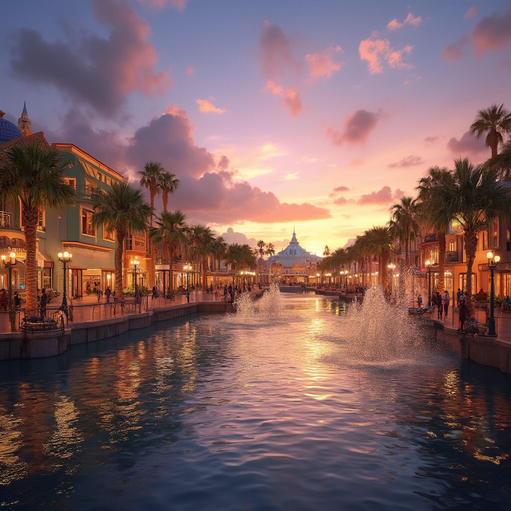 Disney Springs waterfront at sunset with golden light reflection, people on illuminated walkways, swaying palm trees, colorful storefronts, and water fountains in photorealistic style