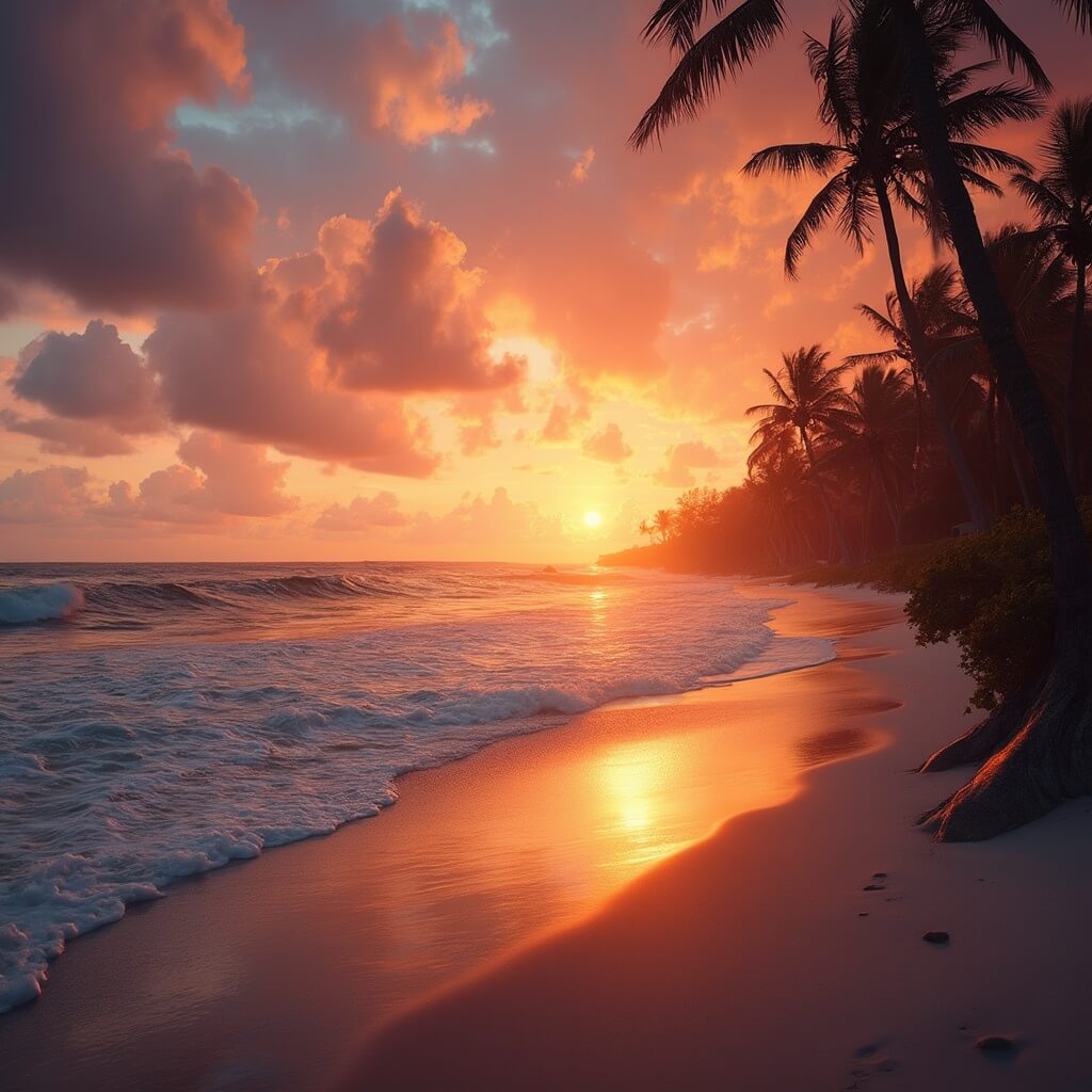Dramatic sunset at Cocoa Beach, Florida with intense orange-pink sky, clear ocean waves, silhouetted palm trees and sunset reflection on wet sand