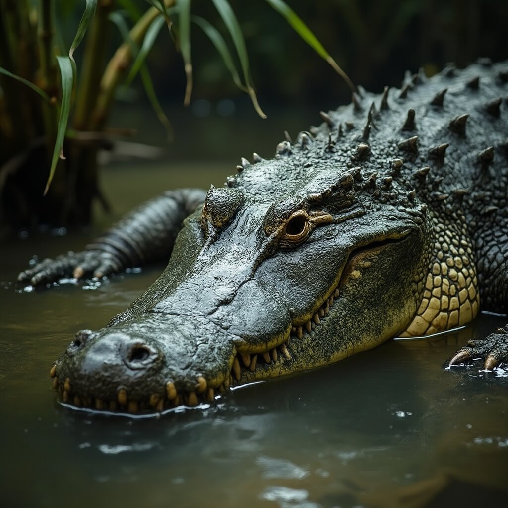 Dramatic close-up of a large alligator half-submerged in swamp water at Gatorland, highlighting its scaled texture and the dense Florida wetlands, captured in intense natural lighting.