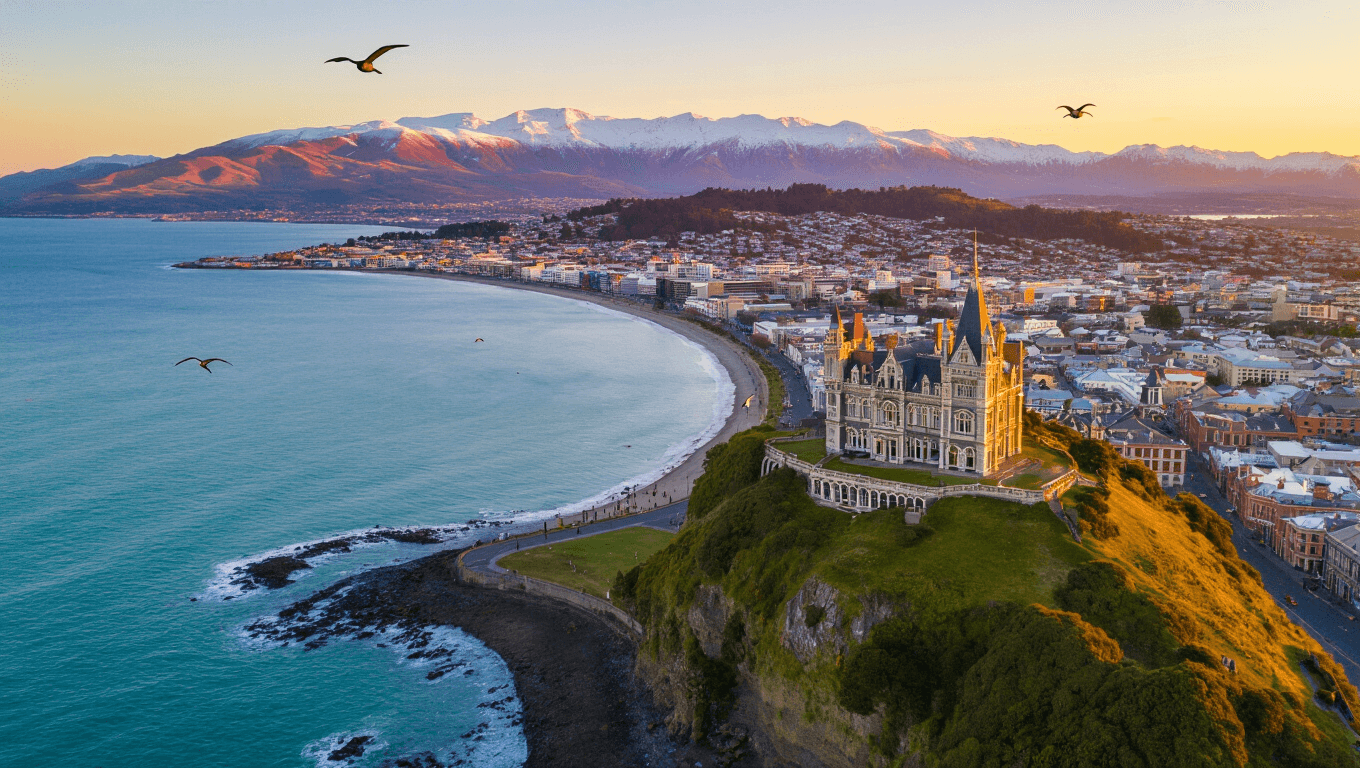 "Aerial panoramic view of Dunedin, New Zealand featuring Larnach Castle, Otago Peninsula coastline, city center's Victorian architecture, Dunedin Railway Station, Baldwin Street, and local wildlife at golden hour in 4K quality"