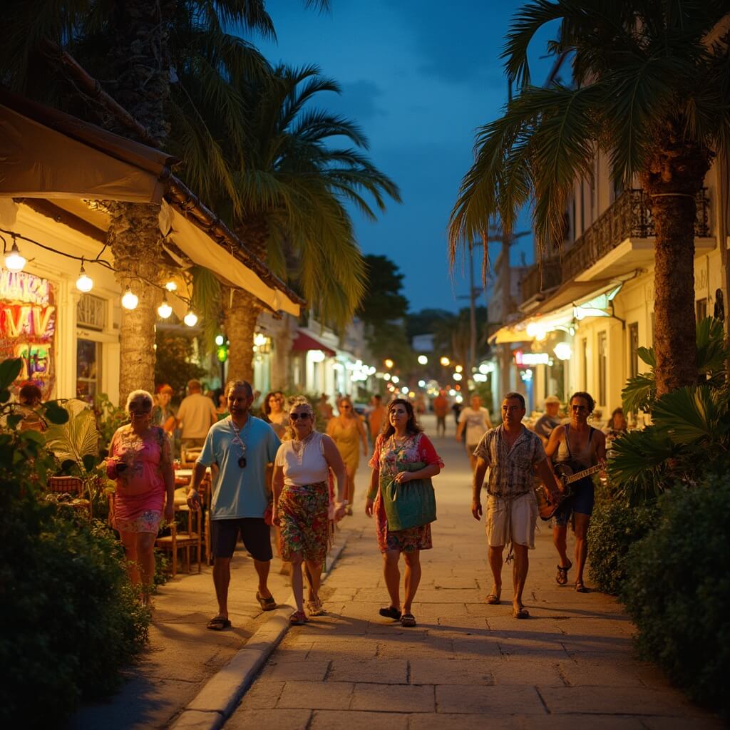 People strolling on Duval Street in Key West, bathed in warm light from quaint shops and restaurants, street musicians performing in tropical attire, with tropical plants lining the sidewalk.