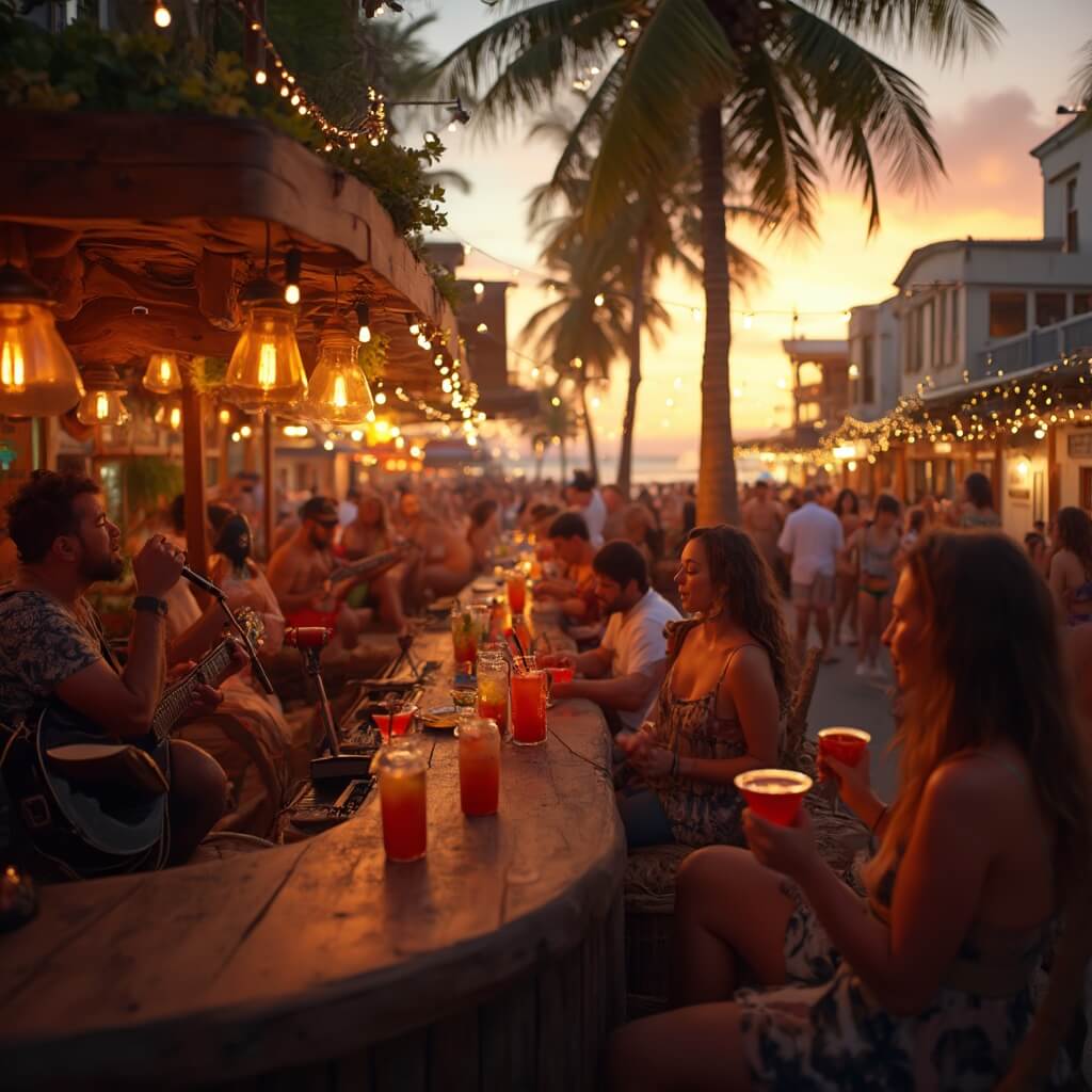 Live music band performing at a vibrant open-air bar on Duval Street during sunset, with colorful tropical cocktails, diverse crowd, palm trees, and warm golden hour lighting.