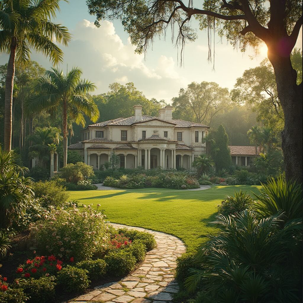 Historic Edison and Ford Winter Estates with vintage architecture and lush botanical garden under tropical Florida sunlight
