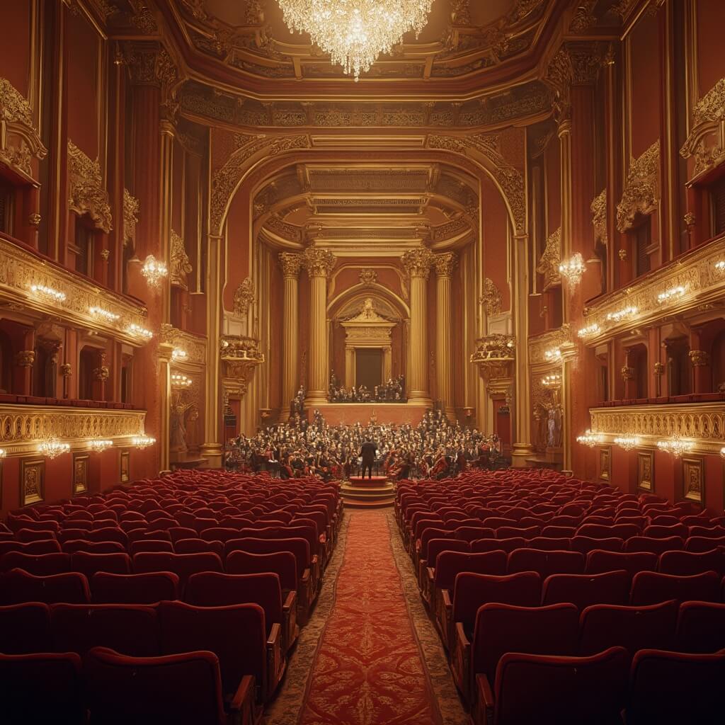 Luxury concert hall with tall ceilings, rich wooden details and red velvet seating, with a full symphony orchestra on stage and crystal chandeliers overhead