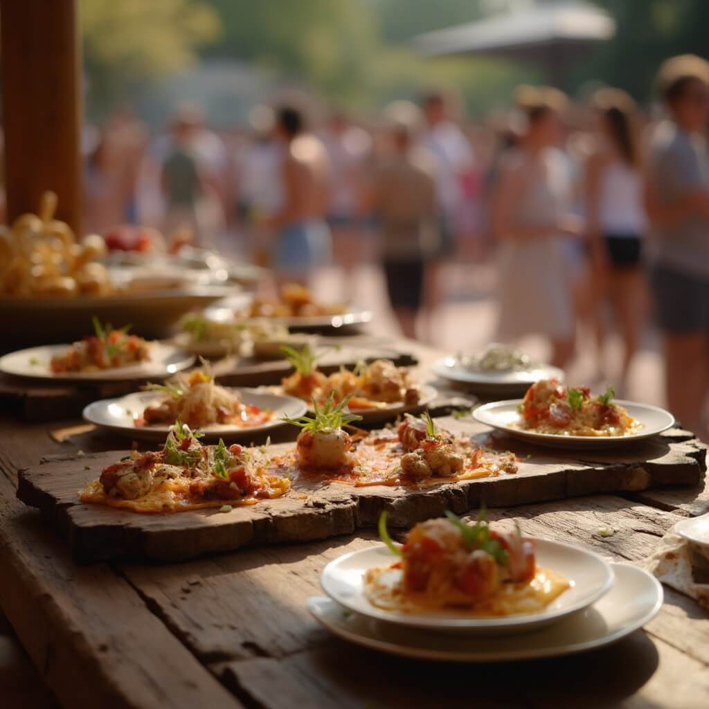 Gourmet small plates arranged on rustic tables at Epcot International Food & Wine Festival, with blurred festive crowd in summer clothing and international decor in the background.