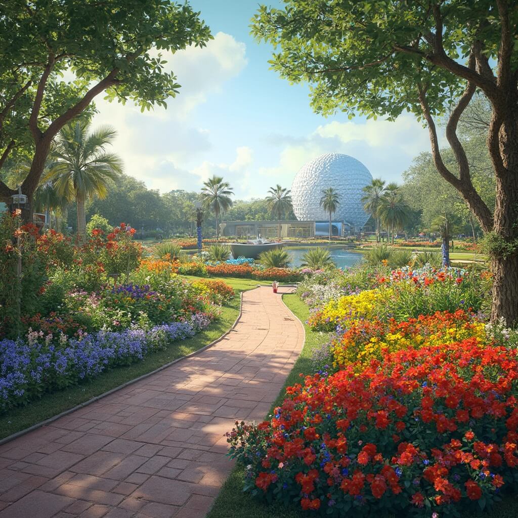 Blooming spring flowers in colorful flower beds at Epcot International Flower & Garden Festival with lush green pathways and theme park architecture in the background, Florida