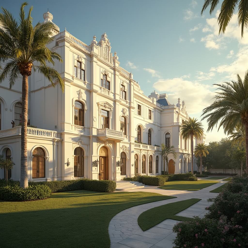 Panoramic view of the white Victorian architecture of Henry Morrison Flagler Museum bathed in golden afternoon sunlight, surrounded by manicured gardens and exotic palm trees, with rich colors and period details, no people visible