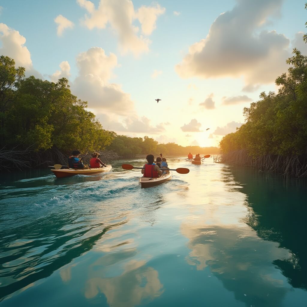 Group of kayakers navigating calm waters in Central Florida with playful dolphins, lush green mangroves, and autumn light reflected in the clear water