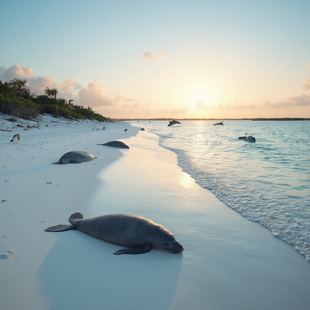 Manatees in clear waters, sea turtle tracks in white sand, blue herons near shoreline, mangrove islands on horizon, long beach shadows under morning light, dolphins leaping against a pastel sunrise sky